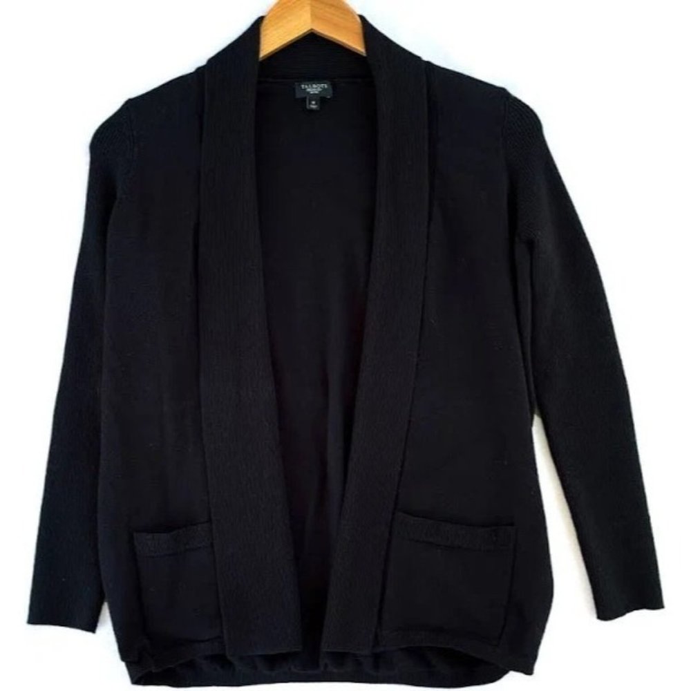 Talbots Classic Black Open Front Cardigan Long Sleeves Front Pockets Large